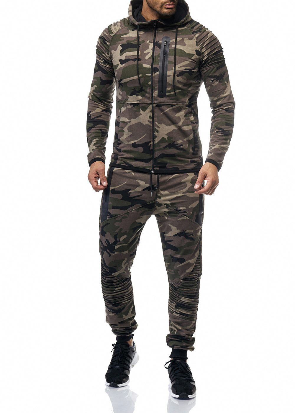 Fatal Fashion Mens Army Camouflage Design Camo Tracksuit Hoodie Zipper Joggers 2 Piece Multi Camo Suit 